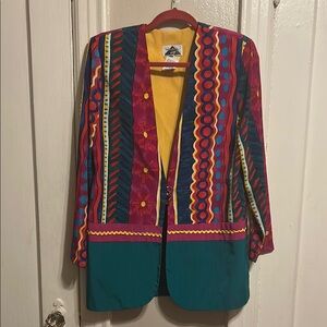 Bold Red and Blue Blazer with Geometric Patterns